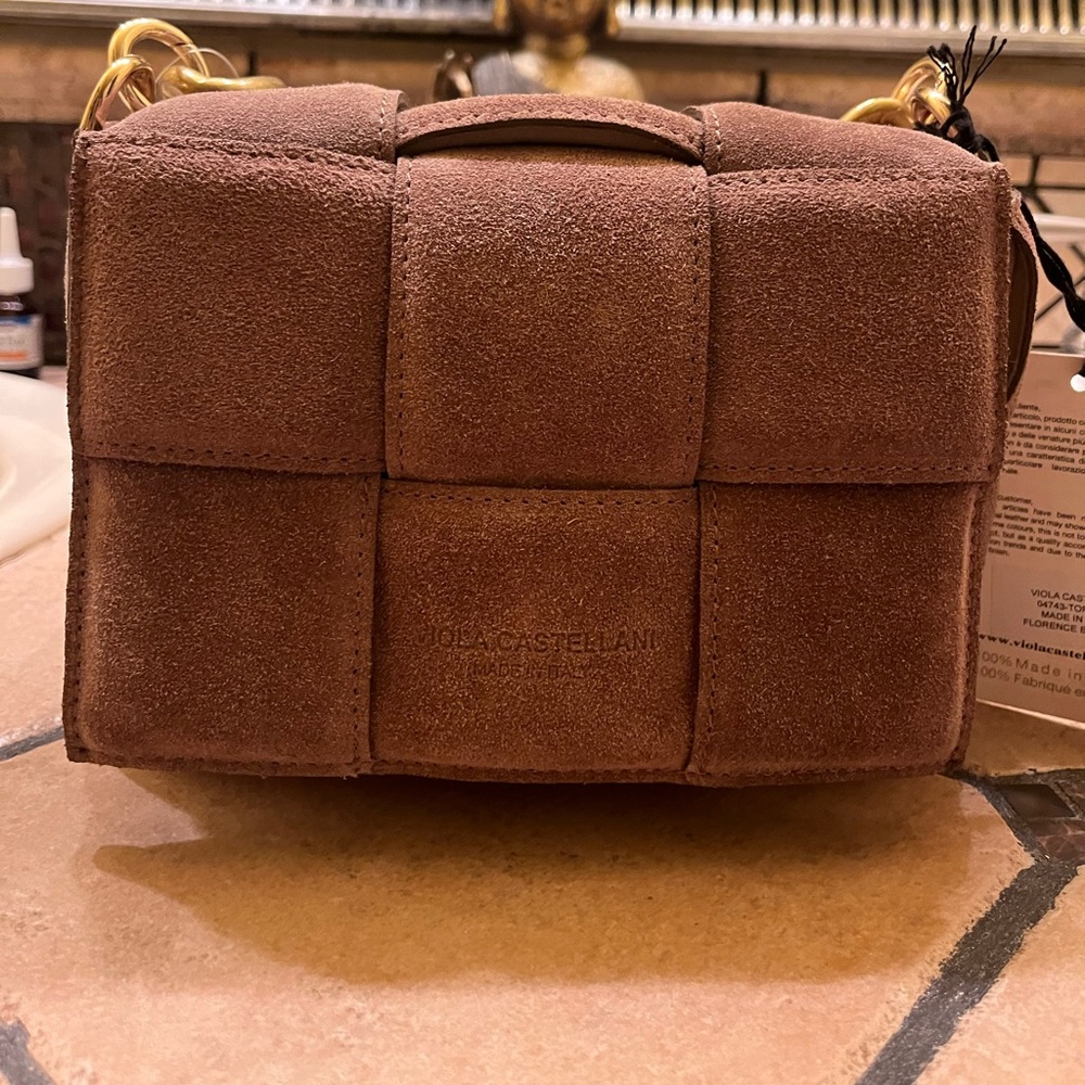 Woven Suede Viola Castellani Italy  Small Tortora Crossbody Bag Beige/Brown